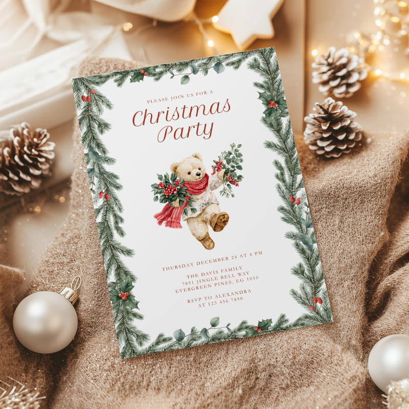 Vintage Christmas Bear Party Invitation L65