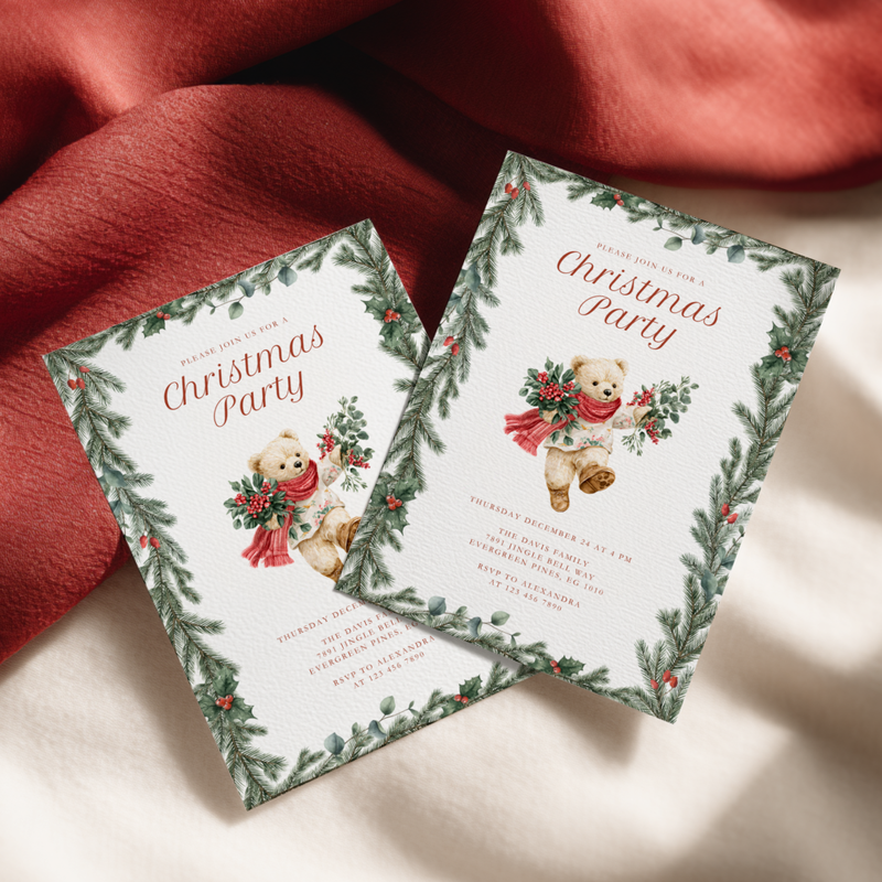 Vintage Christmas Bear Party Invitation L65