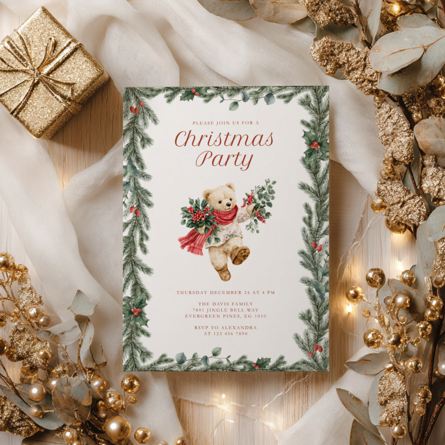 Vintage Christmas Bear Party Invitation L65