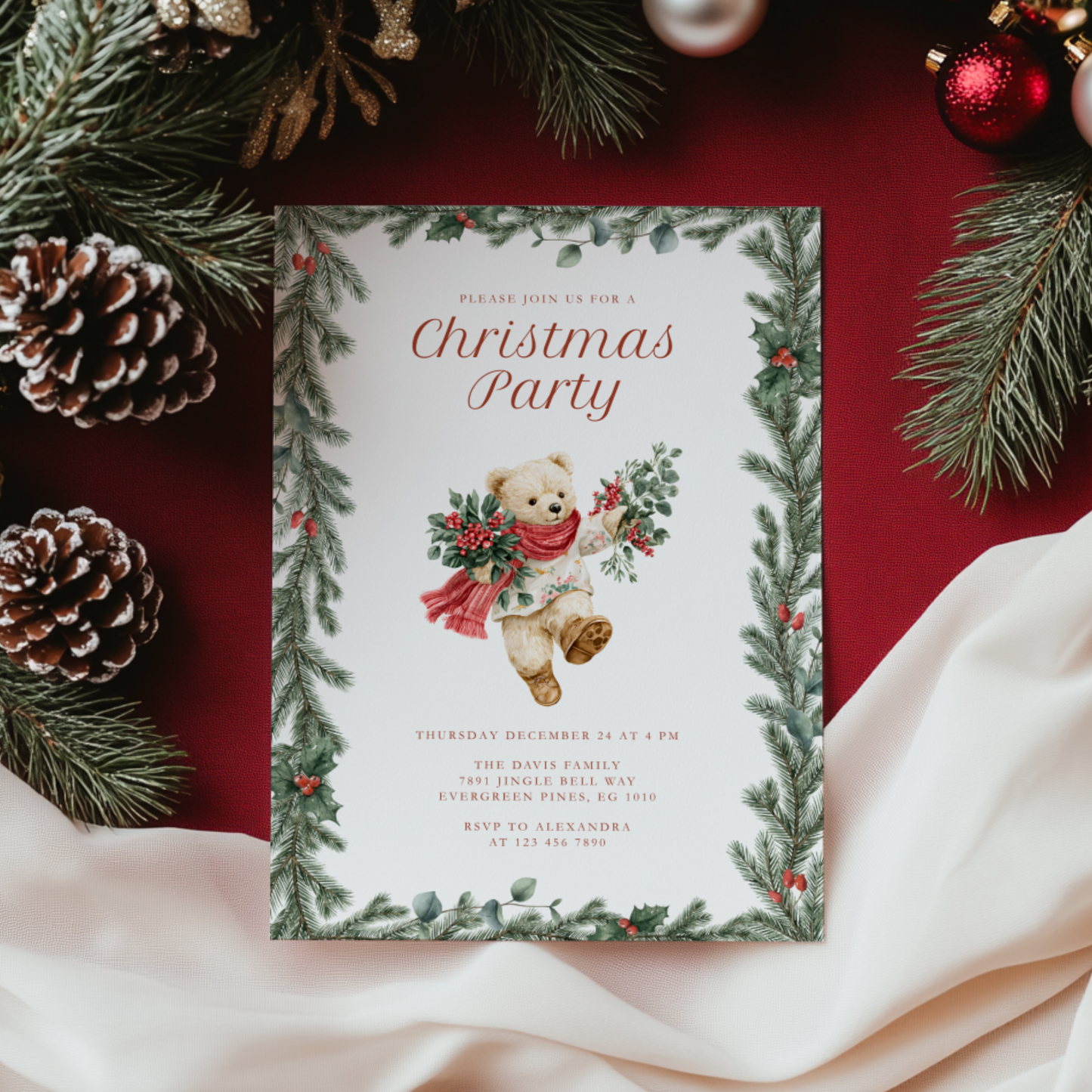 Vintage Christmas Bear Party Invitation L65