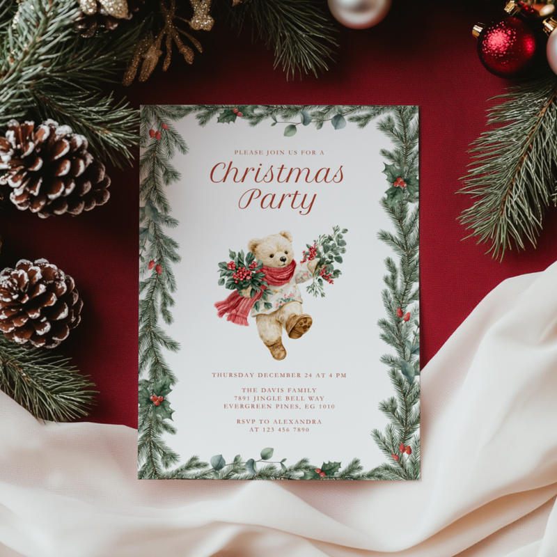 Vintage Christmas Bear Party Invitation L65