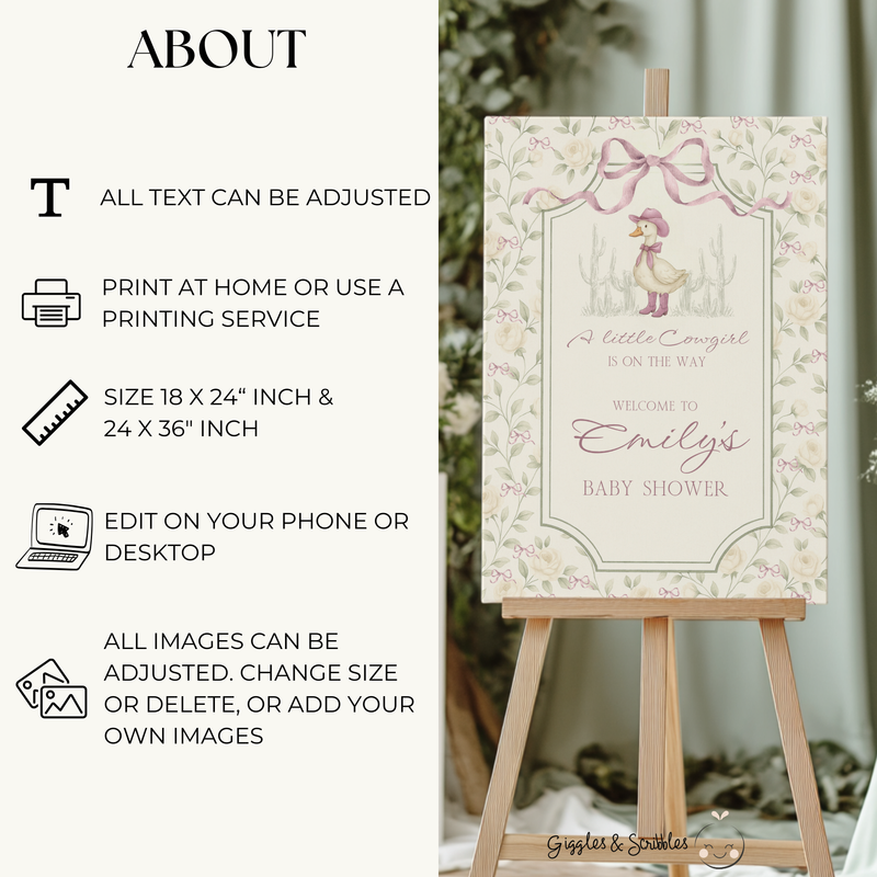Baby Shower Welcome Sign - Vintage Little Cowgirl Goose Coquette BS150