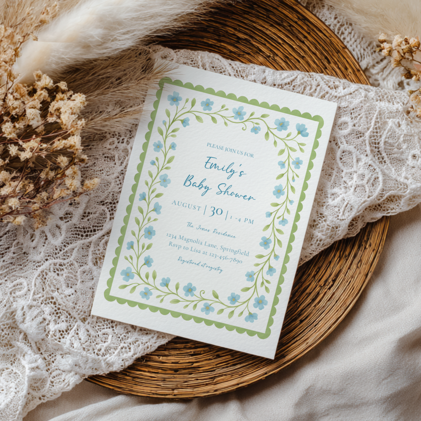 Baby Shower Invitation - Blue & Green Floral Garden Party BS169