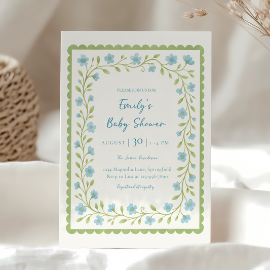 Baby Shower Invitation - Blue & Green Floral Garden Party BS169
