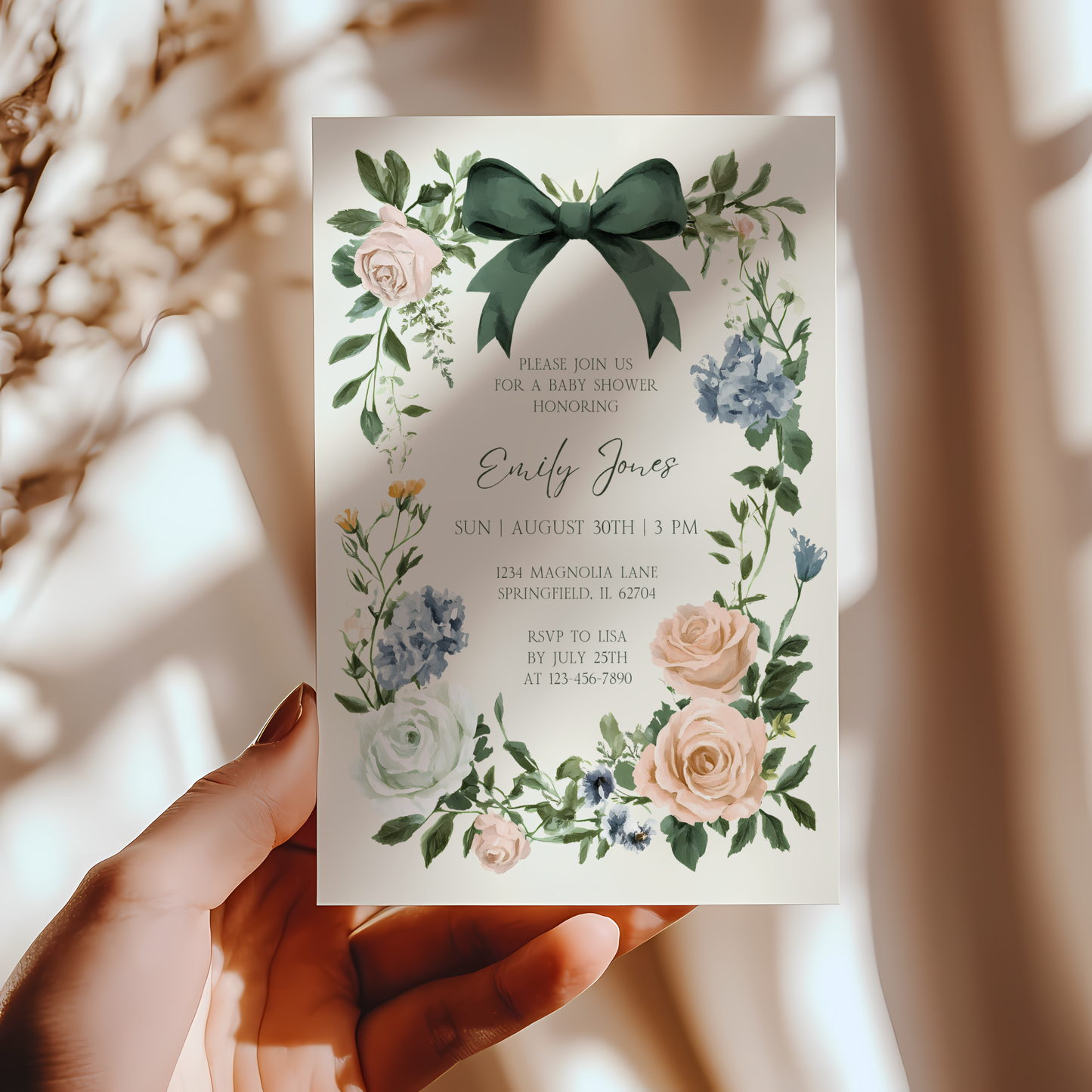 Baby Shower Invitation - Vintage Floral Elegant French Garden Party Green Bow BS126