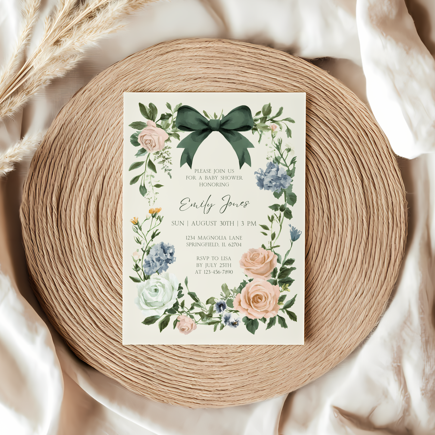 Baby Shower Invitation - Vintage Floral Elegant French Garden Party Green Bow BS126