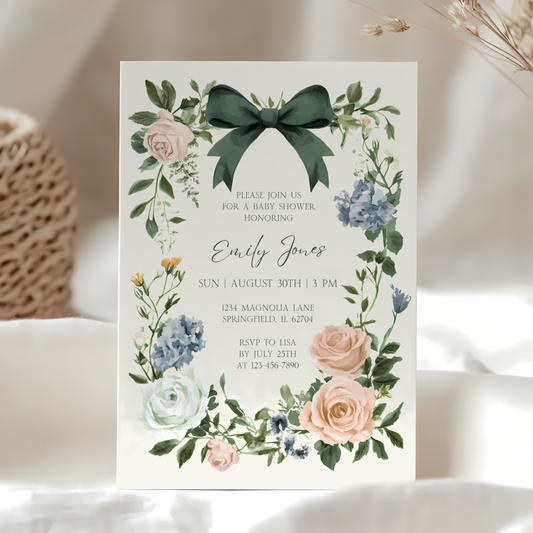 Baby Shower Invitation - Vintage Floral Elegant French Garden Party Green Bow BS126