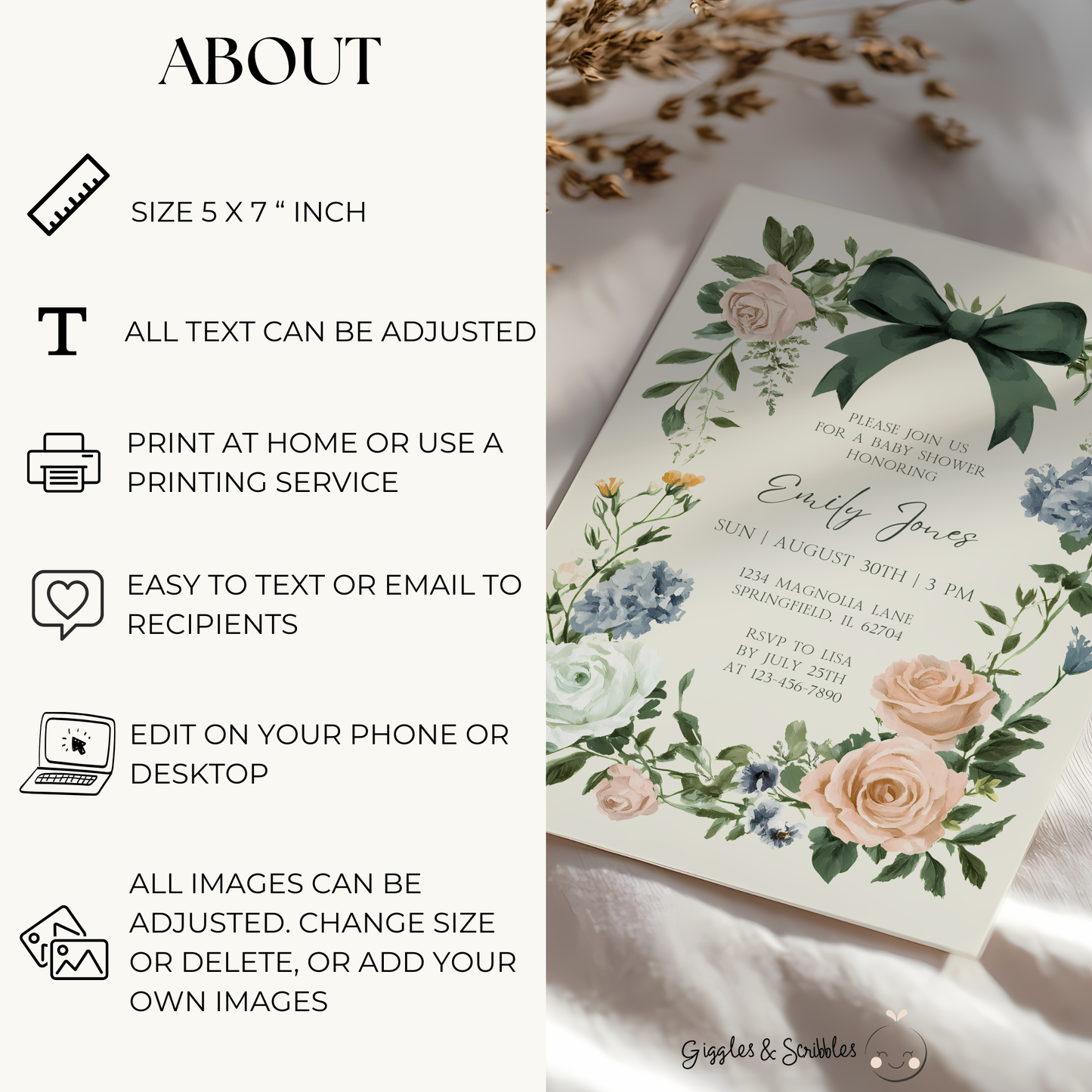 Baby Shower Invitation - Vintage Floral Elegant French Garden Party Green Bow BS126