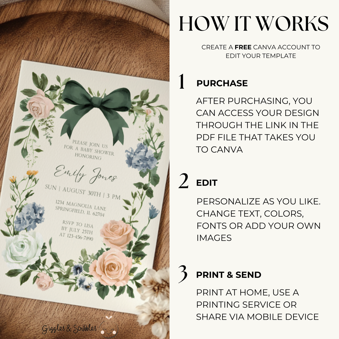 Baby Shower Invitation - Vintage Floral Elegant French Garden Party Green Bow BS126