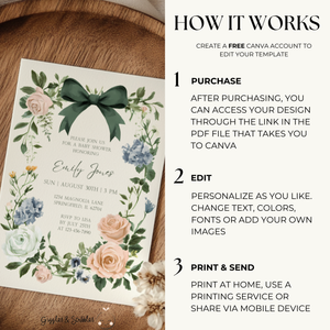 Baby Shower Invitation - Vintage Floral Elegant French Garden Party Green Bow BS126