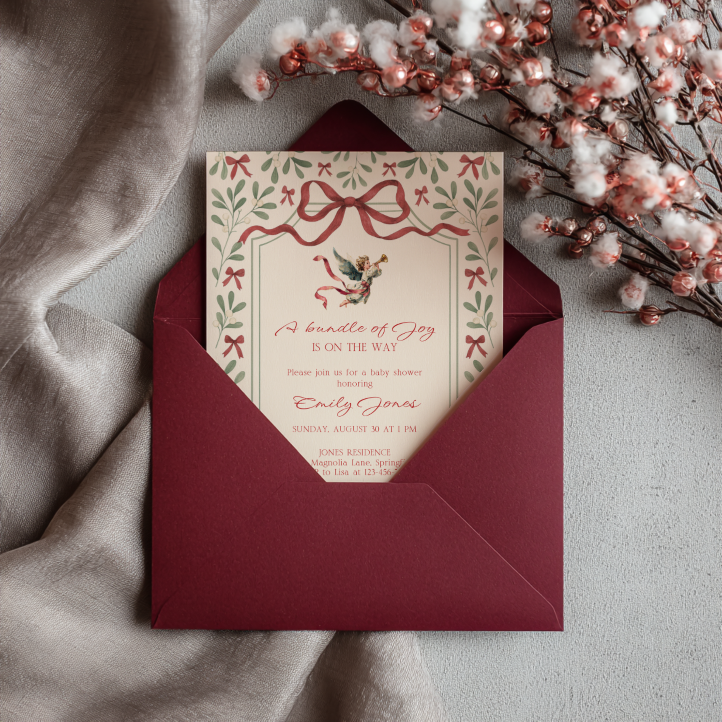 Baby Shower Invitation - Vintage Christmas Florals with Elegant Angel BS232