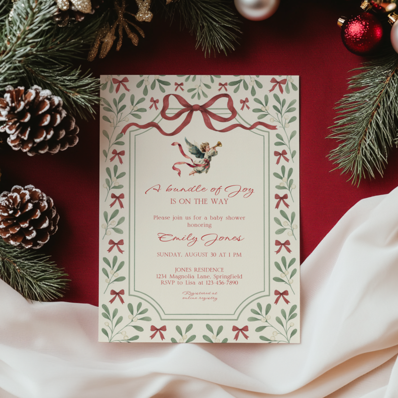Baby Shower Invitation Bundle - Vintage Floral Christmas Bundle of Joy BS232