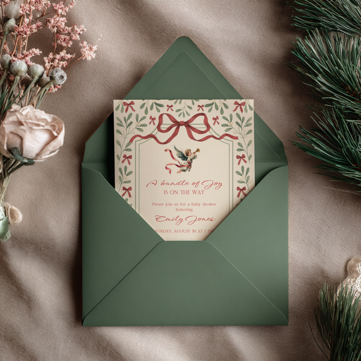 Baby Shower Invitation - Vintage Christmas Florals with Elegant Angel BS232