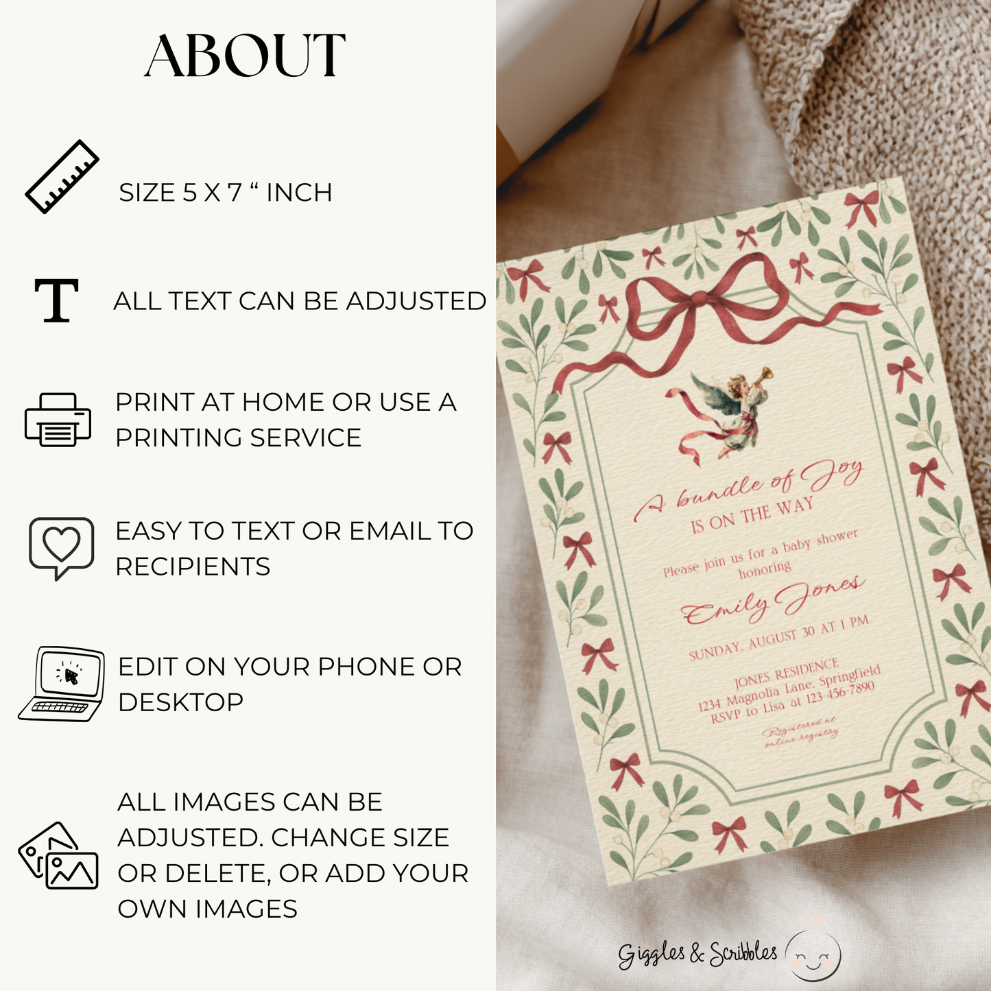 Baby Shower Invitation - Vintage Christmas Florals with Elegant Angel BS232