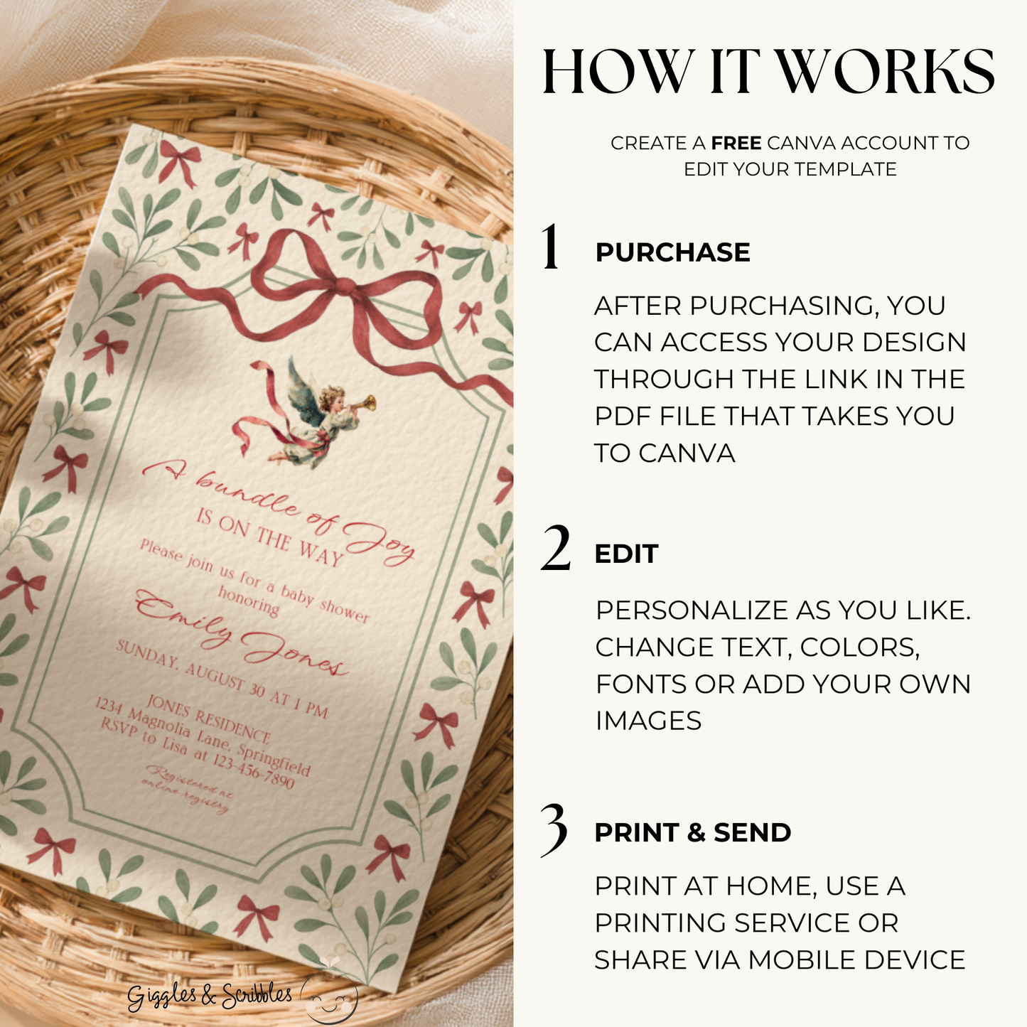 Baby Shower Invitation - Vintage Christmas Florals with Elegant Angel BS232