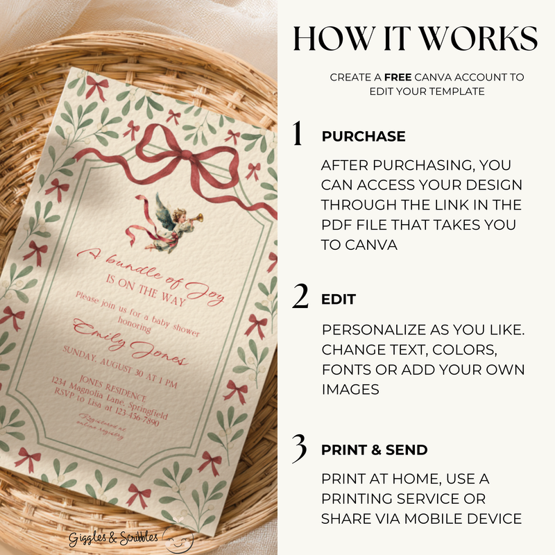 Baby Shower Invitation - Vintage Christmas Florals with Elegant Angel BS232