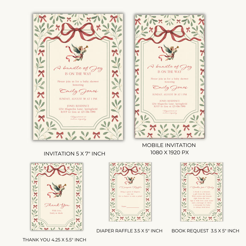 Baby Shower Invitation Bundle - Vintage Floral Christmas Bundle of Joy BS232