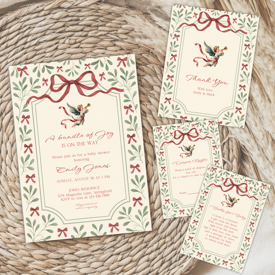 Baby Shower Invitation Bundle - Vintage Floral Christmas Bundle of Joy BS232