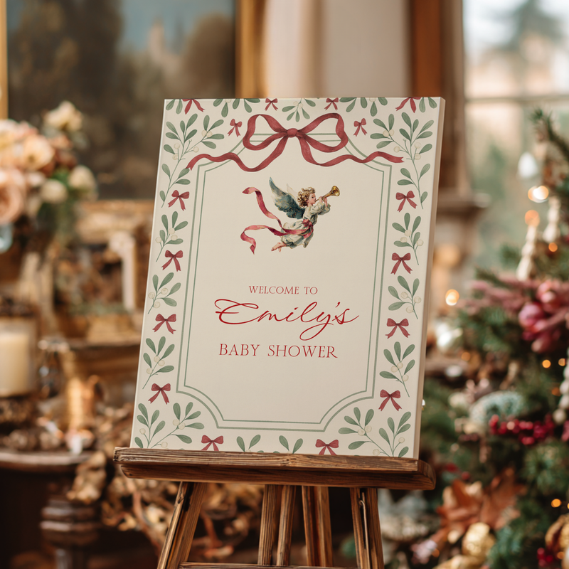 Baby Shower Welcome Sign - Vintage Floral Christmas Angel BS232