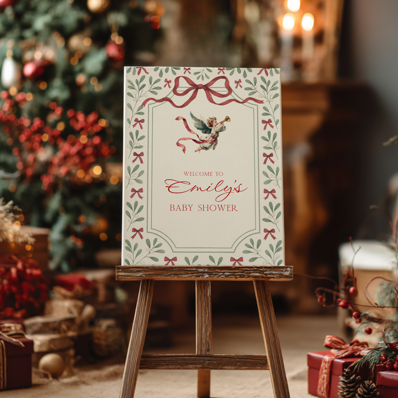 Baby Shower Welcome Sign - Vintage Floral Christmas Angel BS232