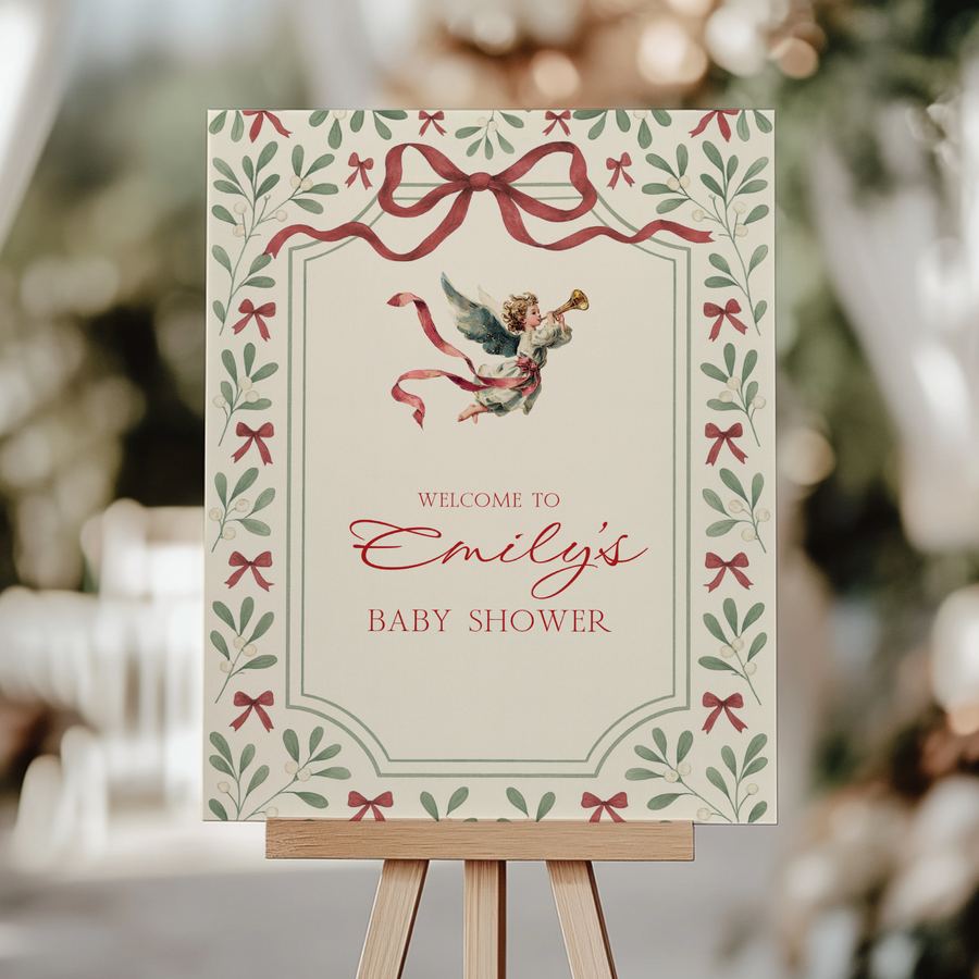 Baby Shower Welcome Sign - Vintage Floral Christmas Angel BS232