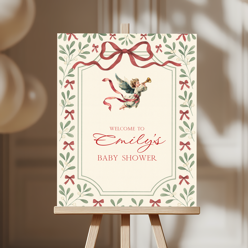 Baby Shower Welcome Sign - Vintage Floral Christmas Angel BS232