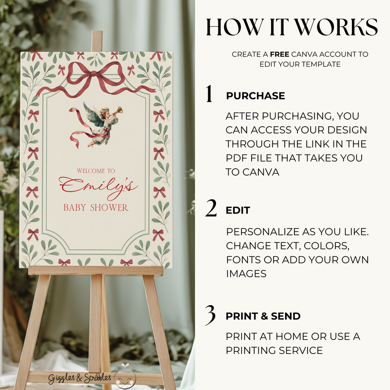 Baby Shower Welcome Sign - Vintage Floral Christmas Angel BS232