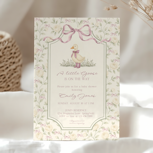 Baby Shower Invitation - Grandmillennial Little Goose with Dusty Pink Bows BS150
