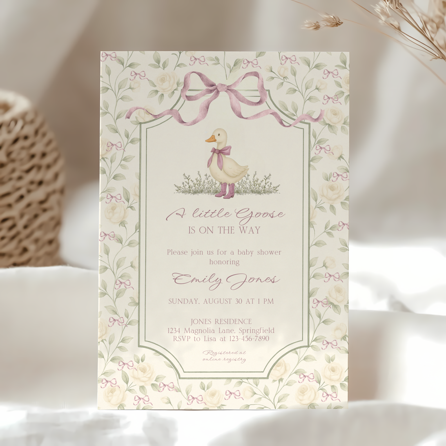 Baby Shower Invitation - Grandmillennial Little Goose with Dusty Pink Bows BS150
