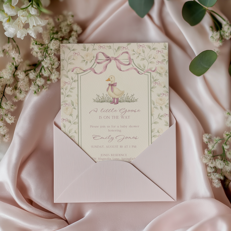 Baby Shower Invitation - Grandmillennial Little Goose with Dusty Pink Bows BS150
