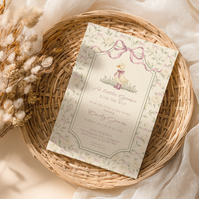 Baby Shower Invitation - Grandmillennial Little Goose with Dusty Pink Bows BS150