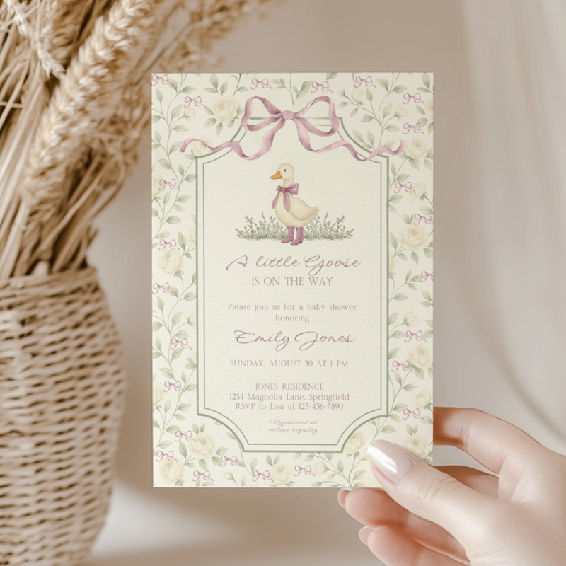 Baby Shower Invitation - Grandmillennial Little Goose with Dusty Pink Bows BS150