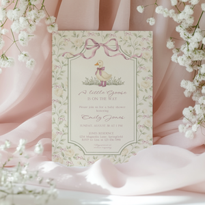 Baby Shower Invitation - Grandmillennial Little Goose with Dusty Pink Bows BS150