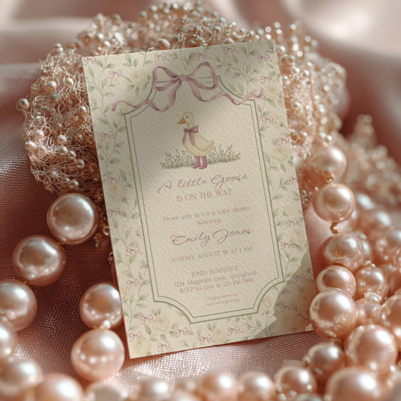 Baby Shower Invitation - Grandmillennial Little Goose with Dusty Pink Bows BS150