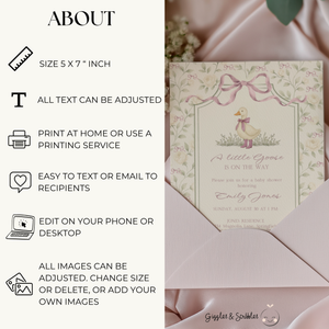 Baby Shower Invitation - Grandmillennial Little Goose with Dusty Pink Bows BS150