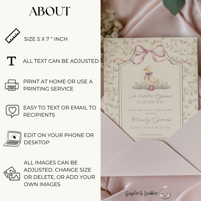 Baby Shower Invitation - Grandmillennial Little Goose with Dusty Pink Bows BS150