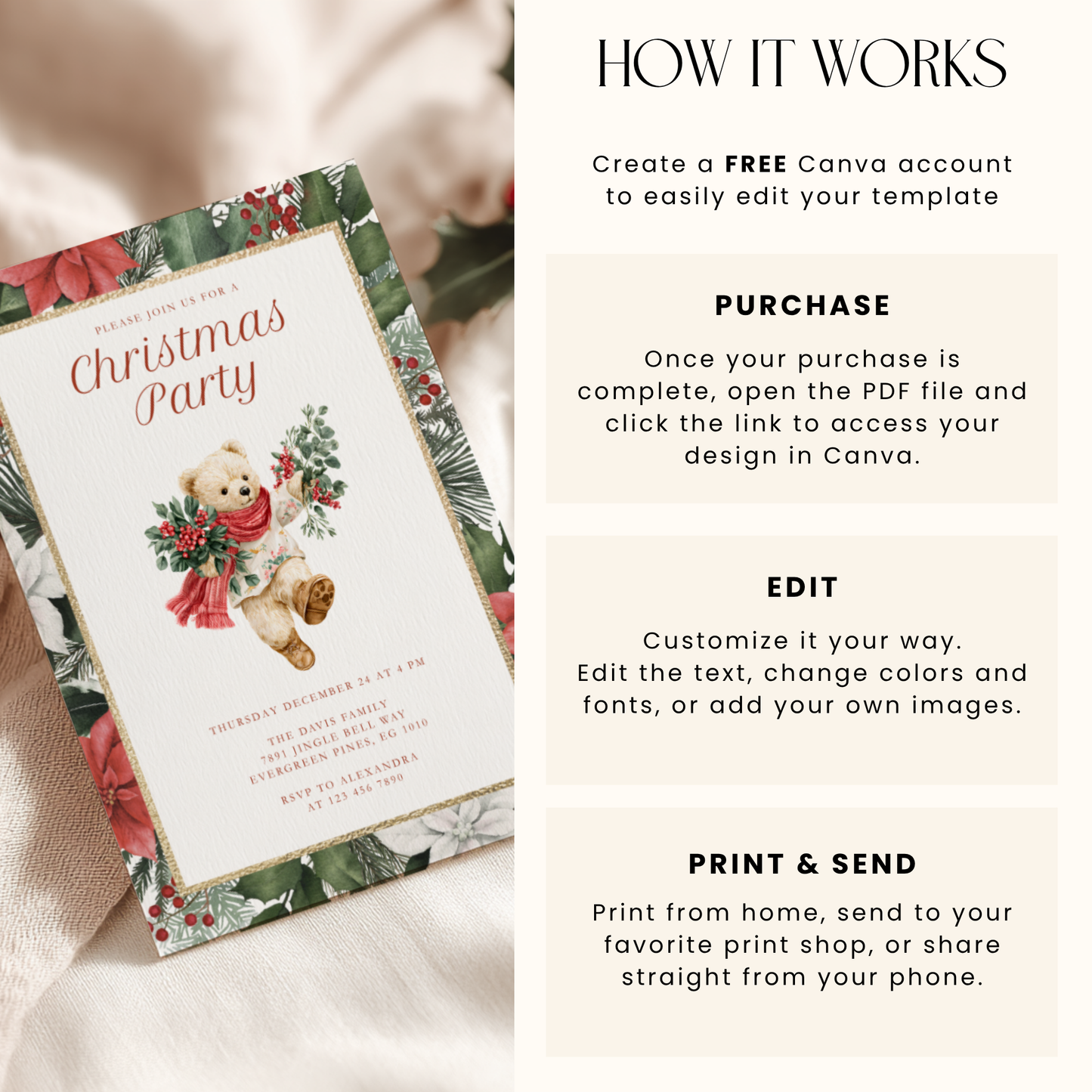 Vintage Bear Elegant Christmas Party Invitation  L66