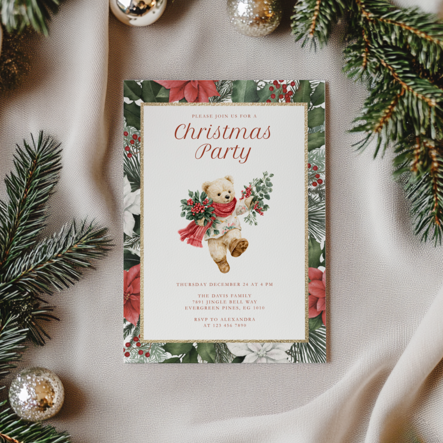 Vintage Bear Elegant Christmas Party Invitation  L66