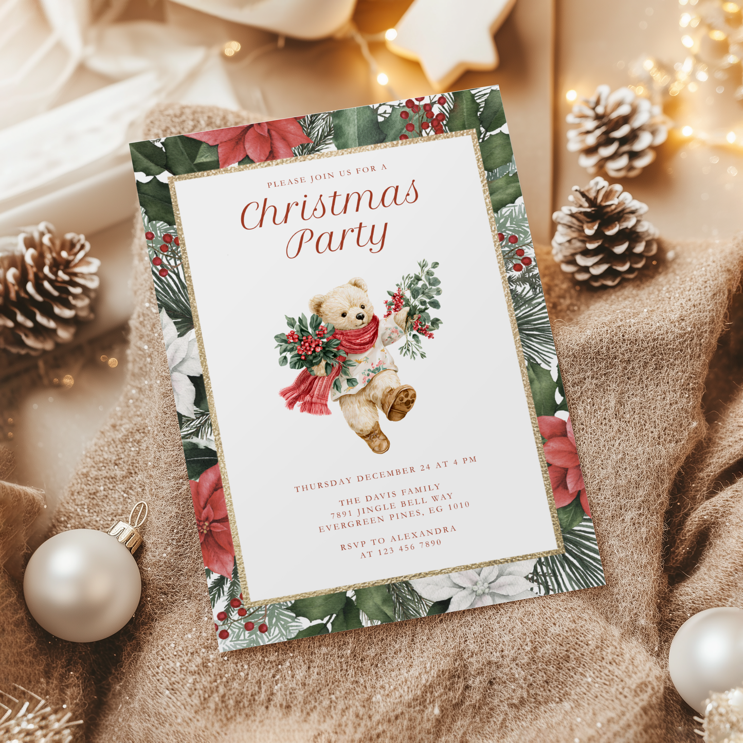 Vintage Bear Elegant Christmas Party Invitation  L66