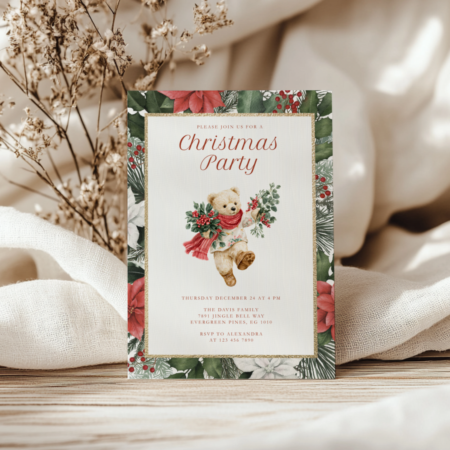 Vintage Bear Elegant Christmas Party Invitation  L66