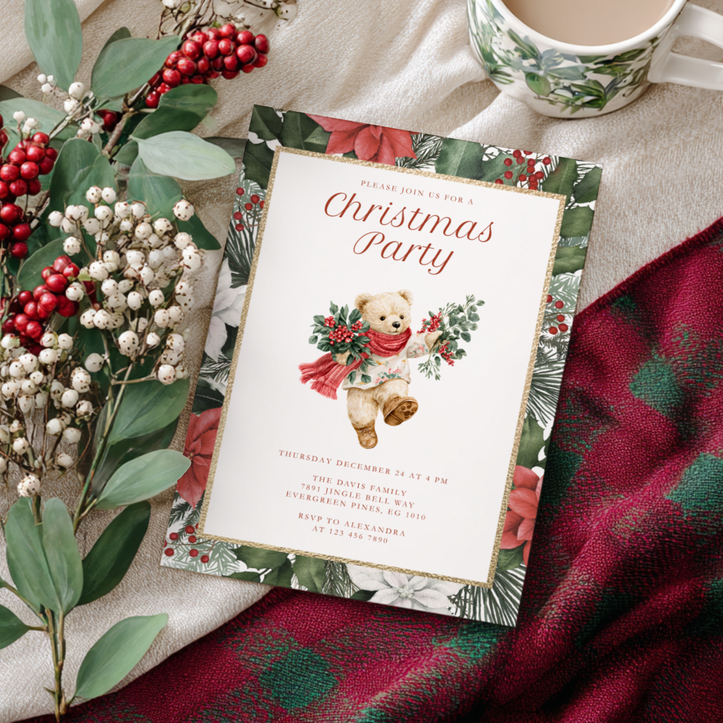 Vintage Bear Elegant Christmas Party Invitation  L66