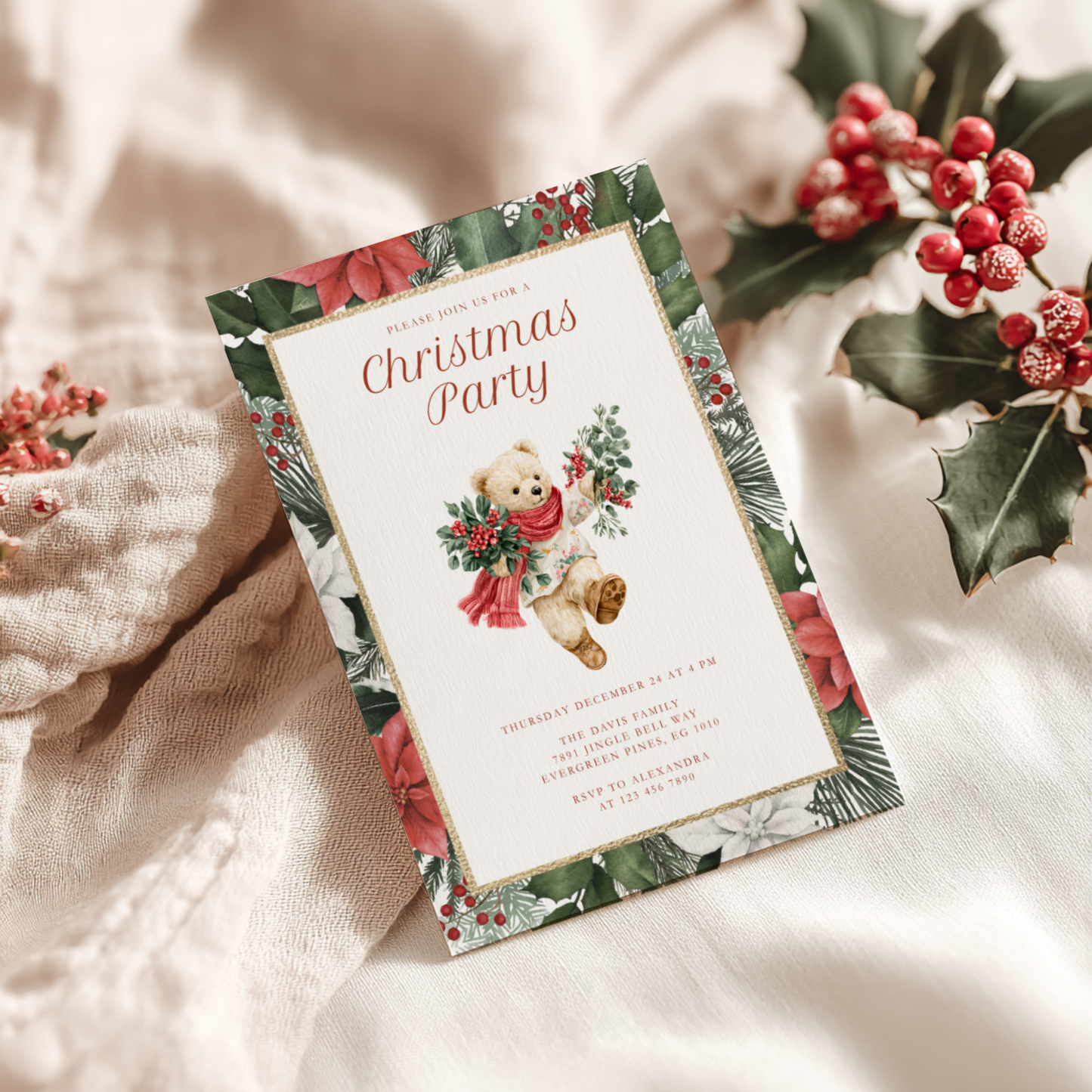 Vintage Bear Elegant Christmas Party Invitation  L66