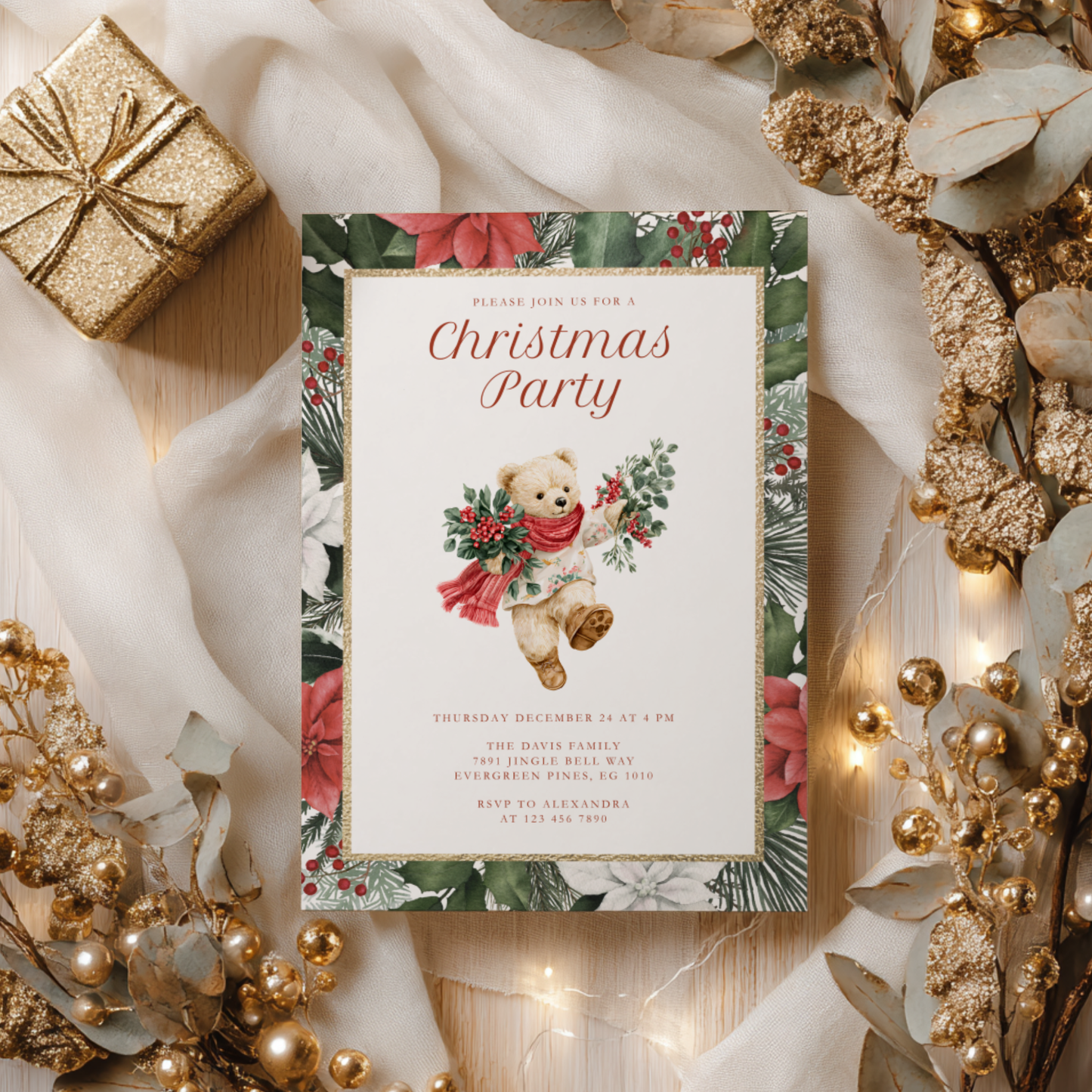 Vintage Bear Elegant Christmas Party Invitation  L66