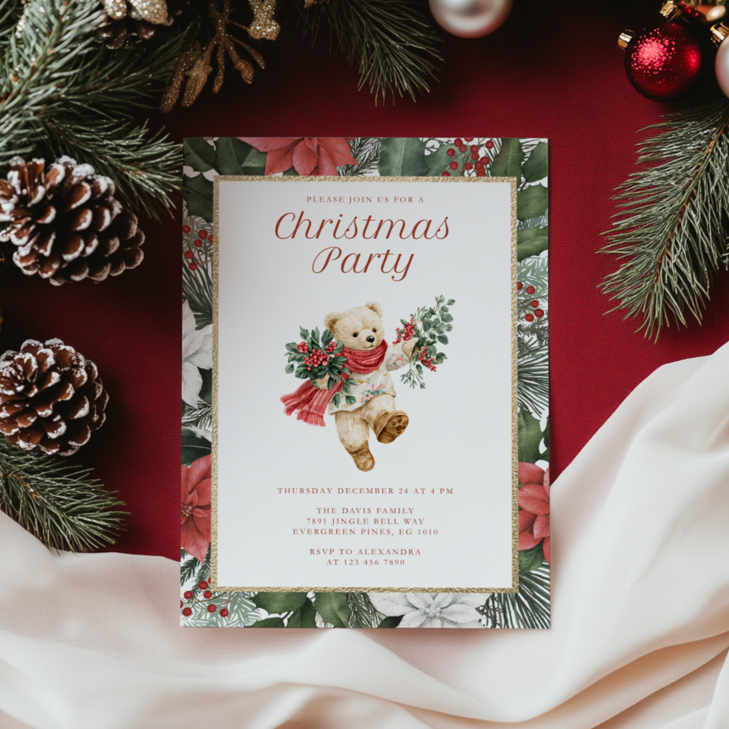 Vintage Bear Elegant Christmas Party Invitation  L66