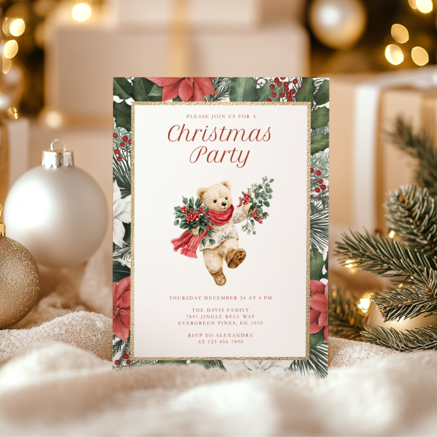 Vintage Bear Elegant Christmas Party Invitation  L66