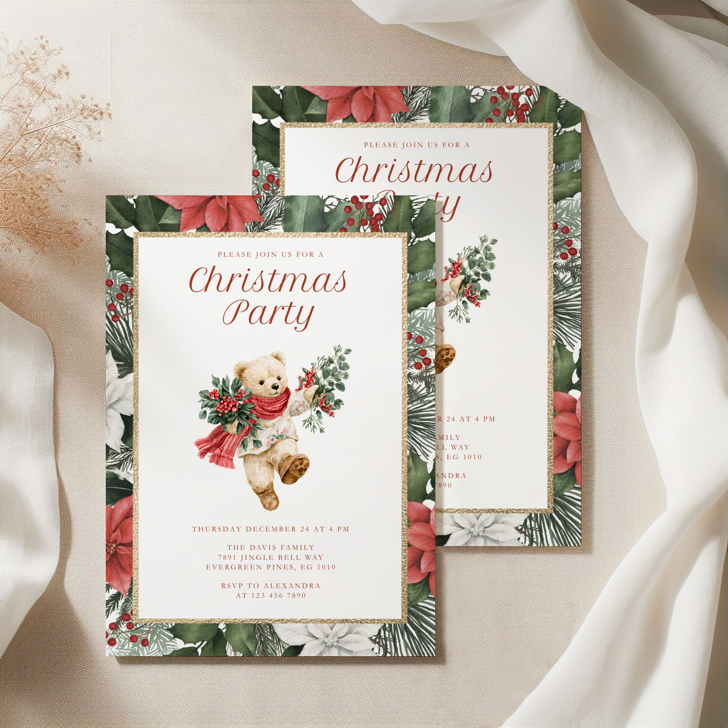 Vintage Bear Elegant Christmas Party Invitation  L66