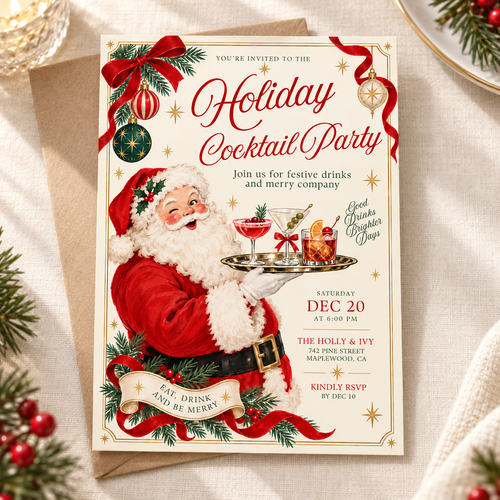 Vintage Santa Holiday Cocktail Party Invitation L175