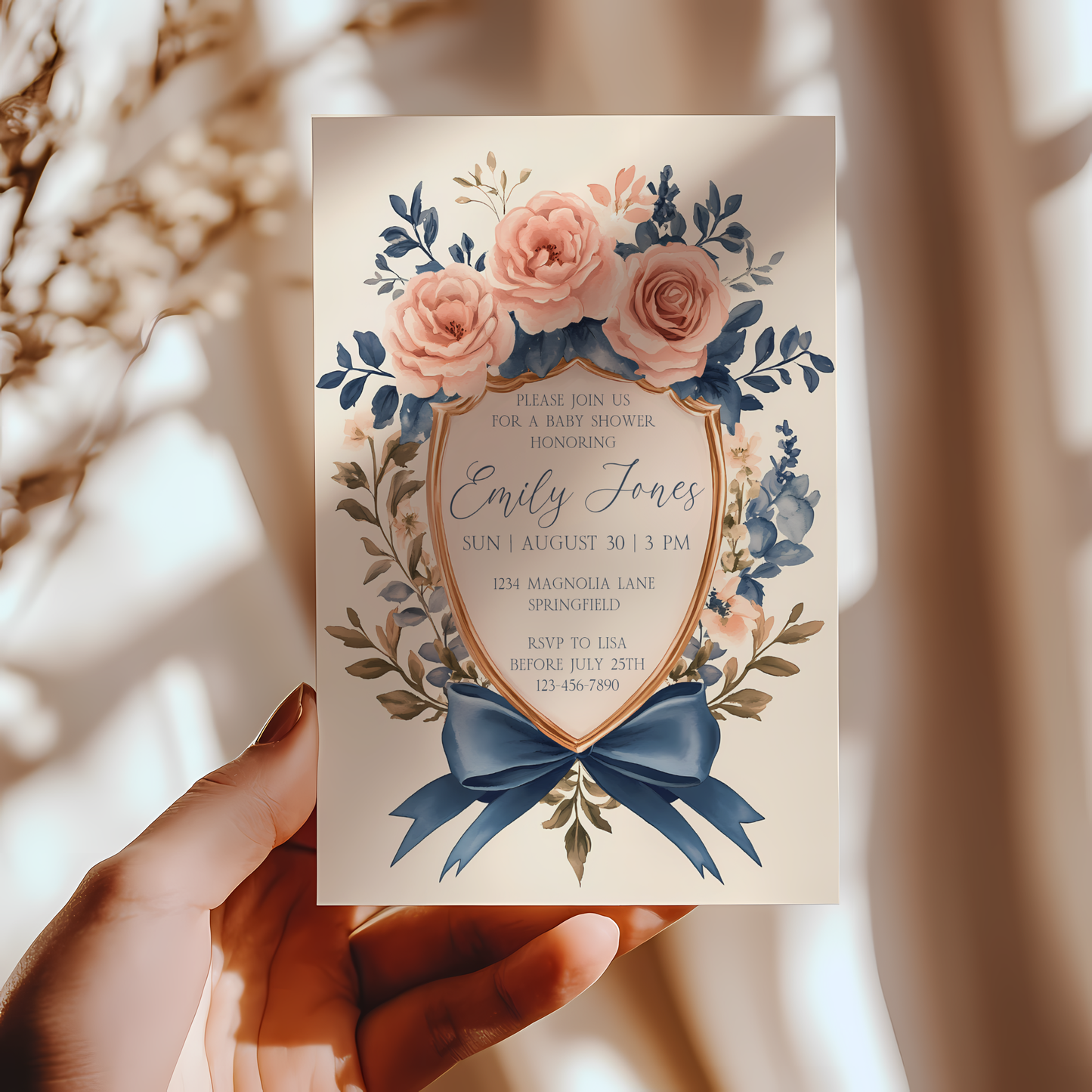 Baby Shower Invitation - Vintage Shield Floral Crest Storybook Fairytale BS134