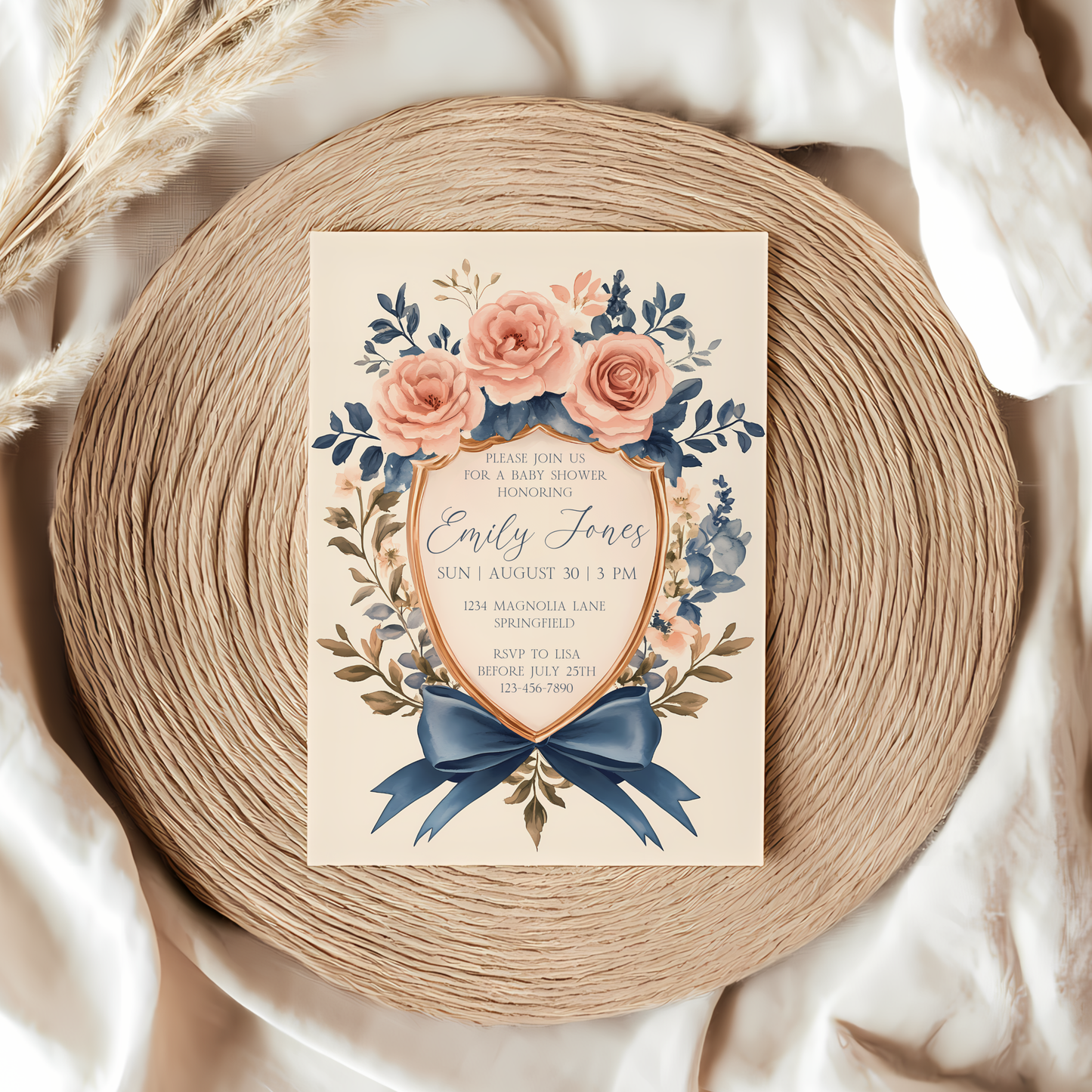 Baby Shower Invitation - Vintage Shield Floral Crest Storybook Fairytale BS134