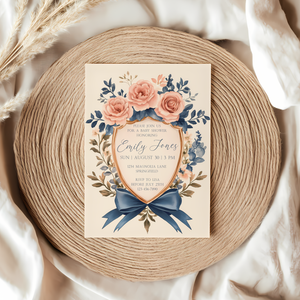 Baby Shower Invitation - Vintage Shield Floral Crest Storybook Fairytale BS134